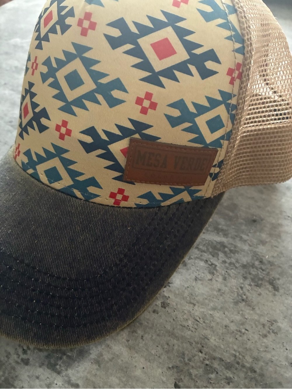 Mesa Verde Aztec Pattern Trucker Hat in Tan and Navy